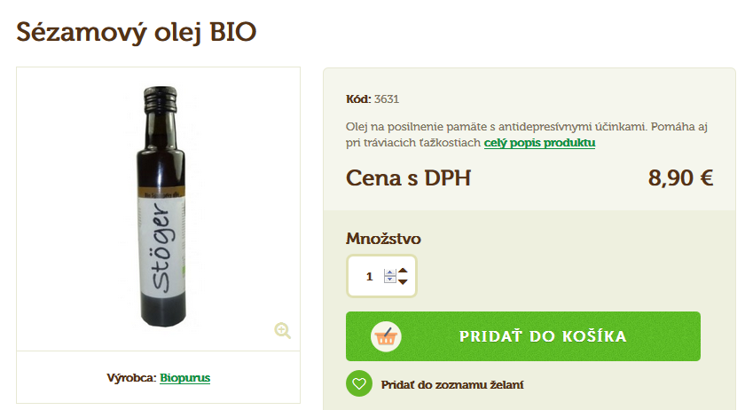 bio sezamový olej - cena